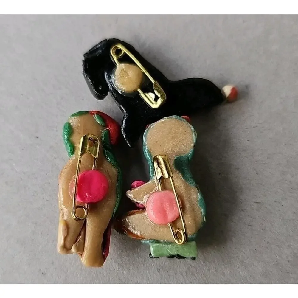 Vintage 1950s Kitsch 3D Animal Brooches Mid Century Novelty Pins Handmade